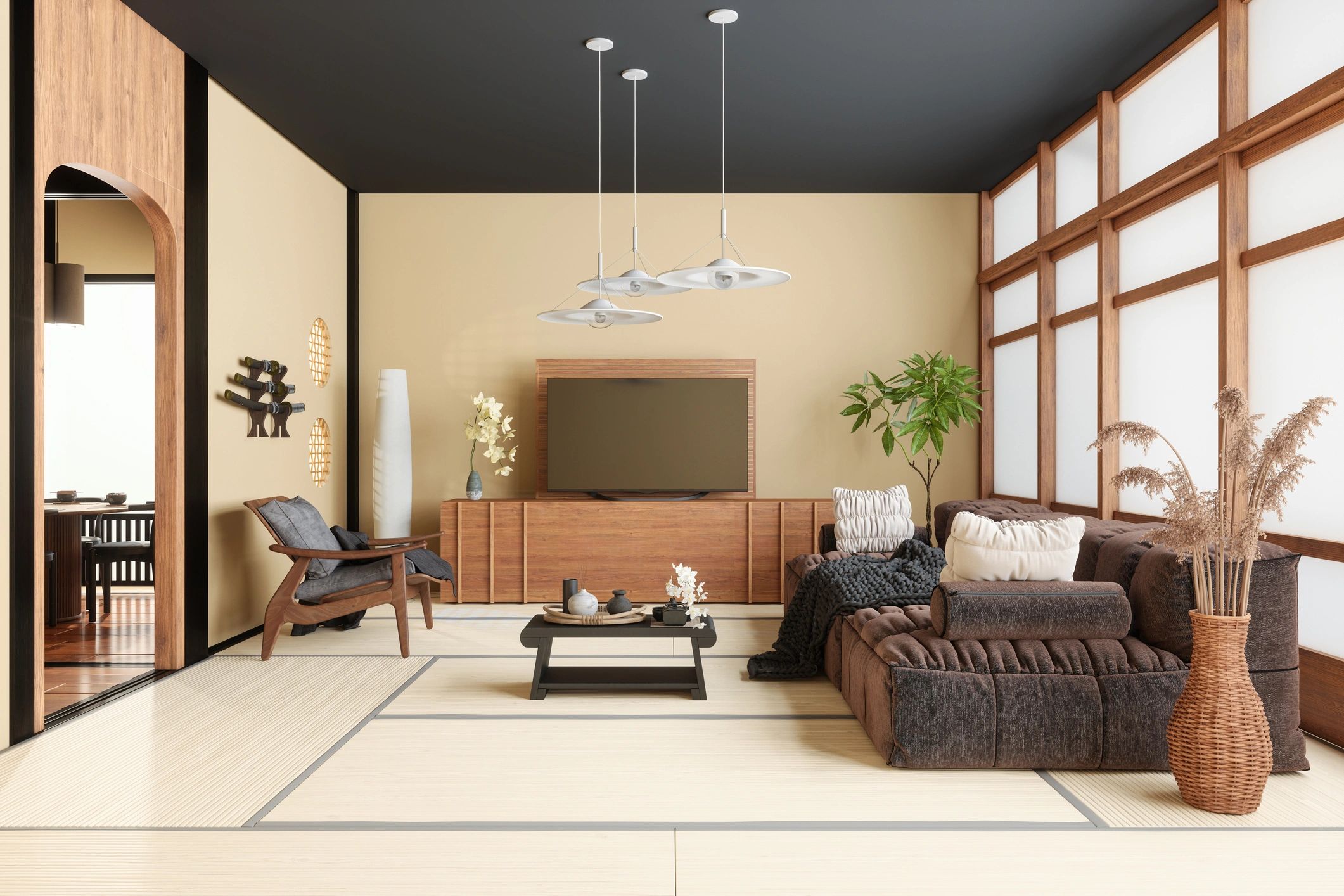 Modern living room with TV area and built-in style cabinetry