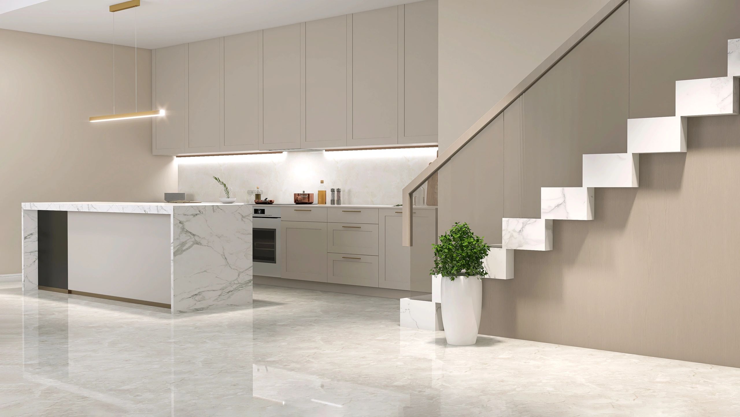 Modern luxury kitchen with marble island and custom cabinetry