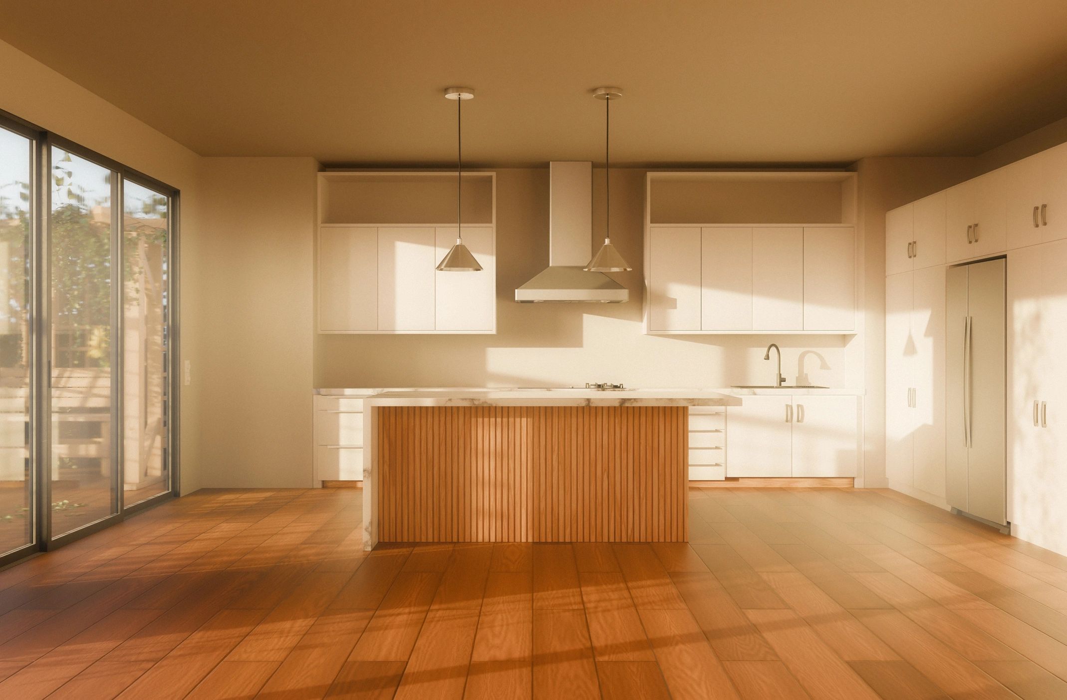 Bright kitchen with island and wood cabinetry