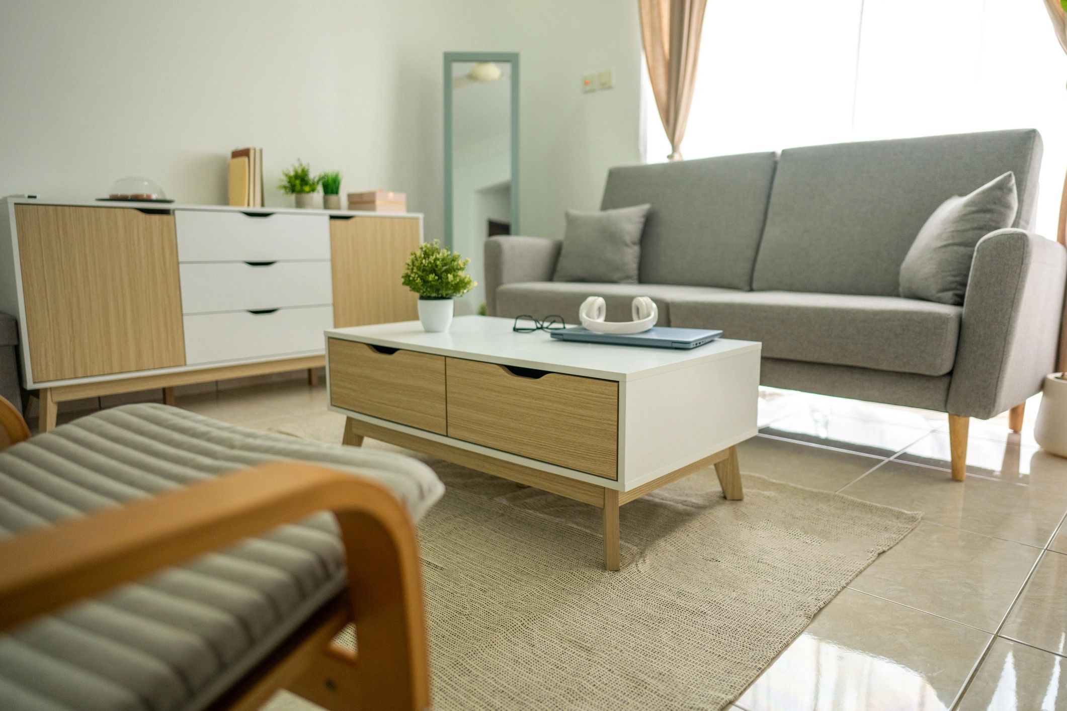 Minimal living room with cabinet and clean-lined storage
