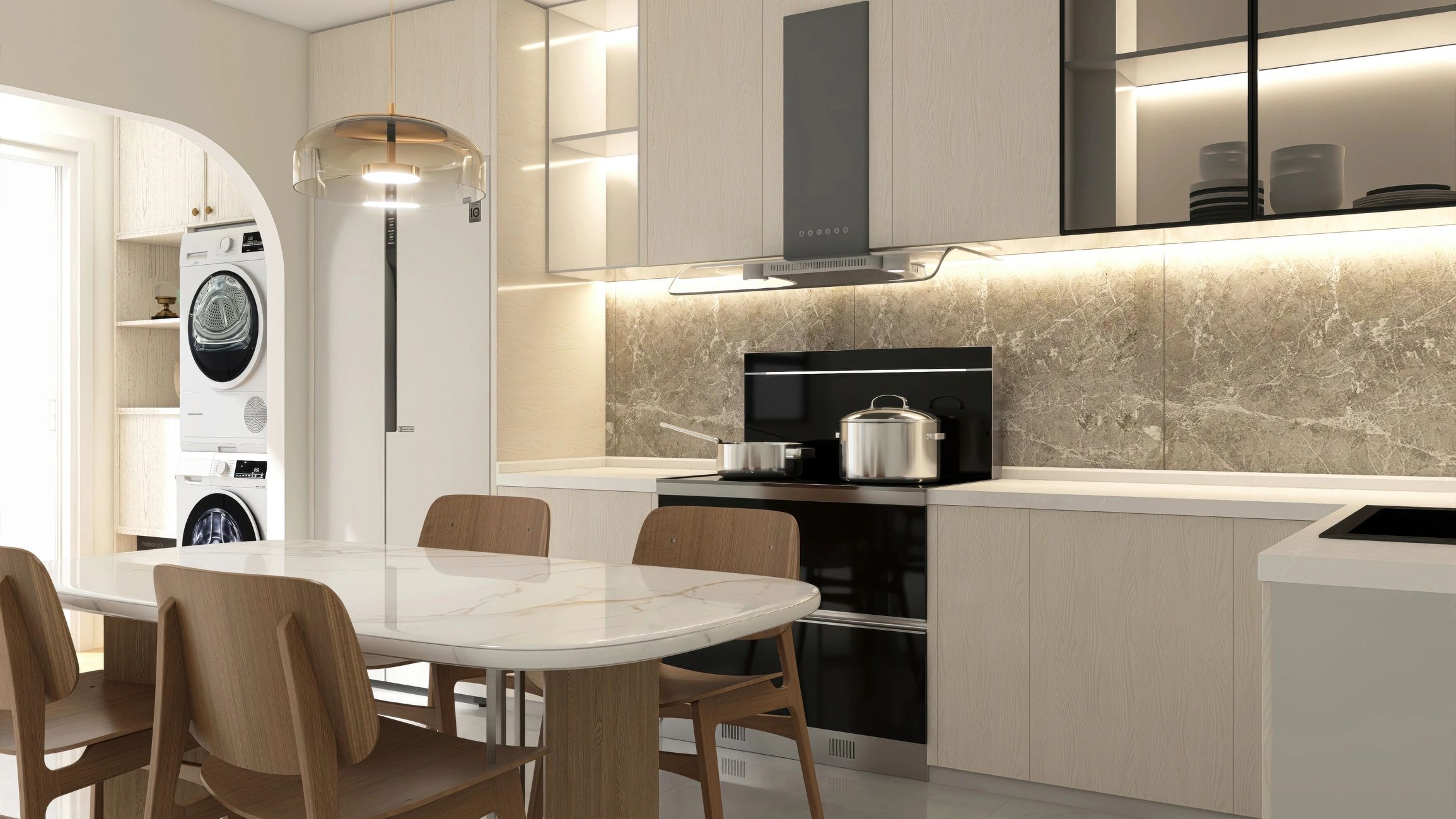 Luxury modern white kitchen counter in a sunlit space