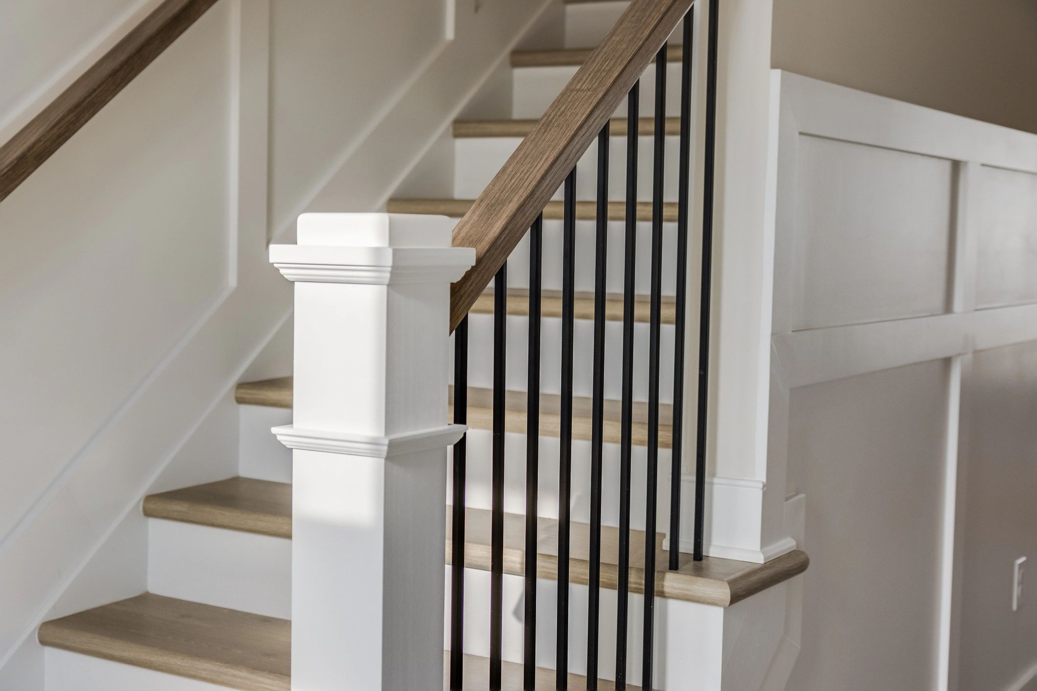 Close-up of staircase banister and railing craftsmanship