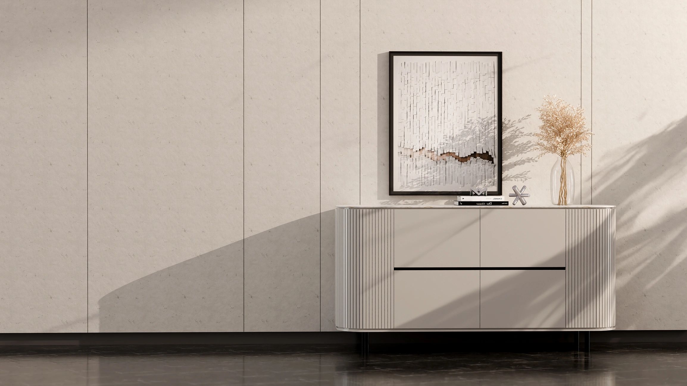 Minimal beige wall with console table and decor